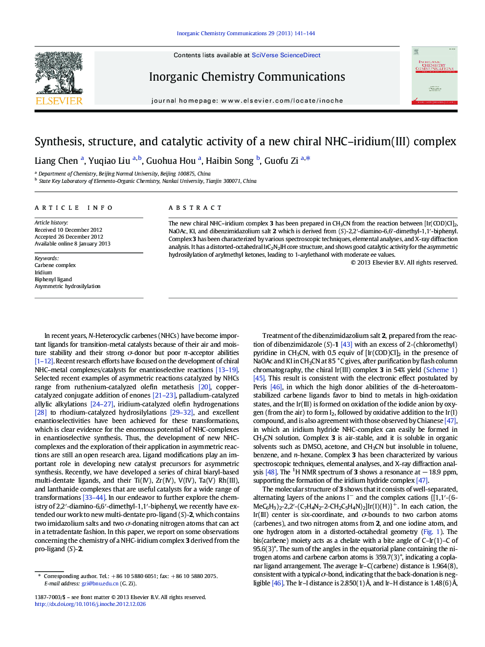 Synthesis, structure, and catalytic activity of a new chiral NHC–iridium(III) complex