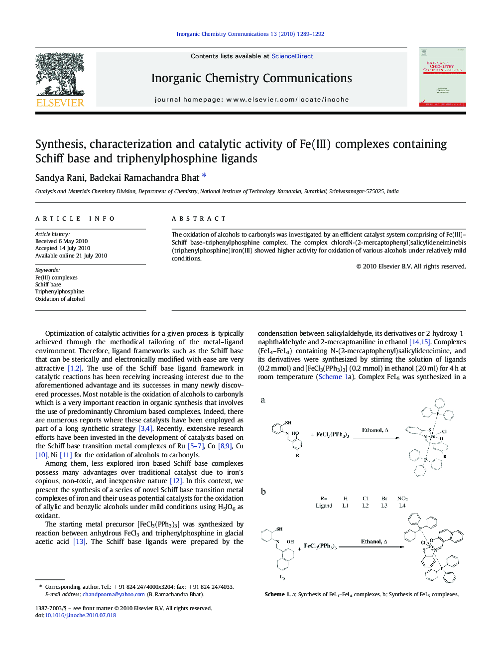 Synthesis, characterization and catalytic activity of Fe(III) complexes containing Schiff base and triphenylphosphine ligands