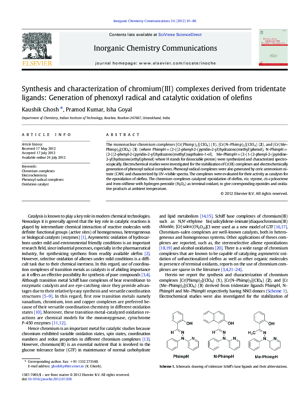 Synthesis and characterization of chromium(III) complexes derived from tridentate ligands: Generation of phenoxyl radical and catalytic oxidation of olefins