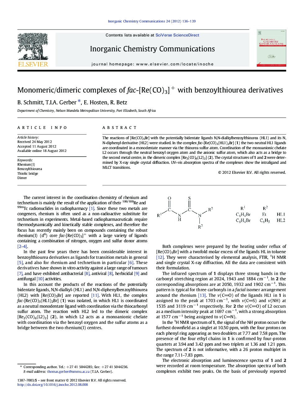 Monomeric/dimeric complexes of fac-[Re(CO)3]+ with benzoylthiourea derivatives