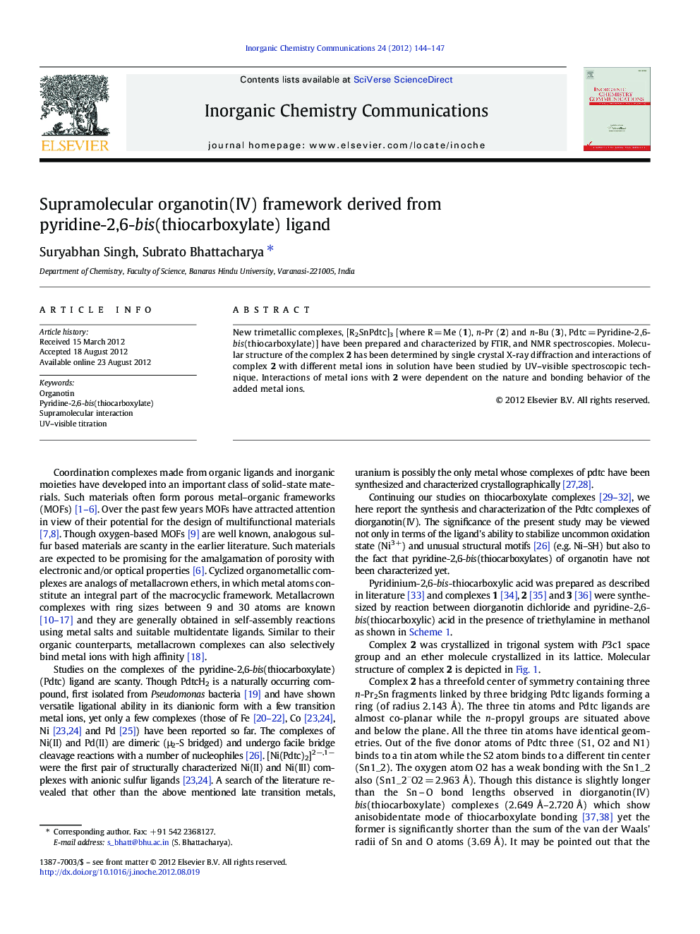 Supramolecular organotin(IV) framework derived from pyridine-2,6-bis(thiocarboxylate) ligand