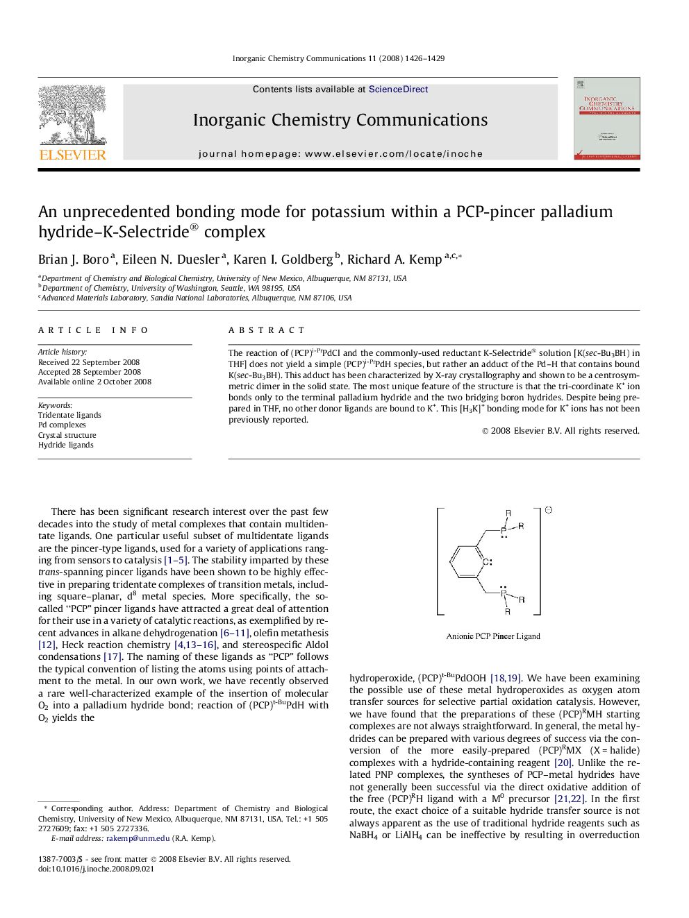 An unprecedented bonding mode for potassium within a PCP-pincer palladium hydride-K-Selectride® complex