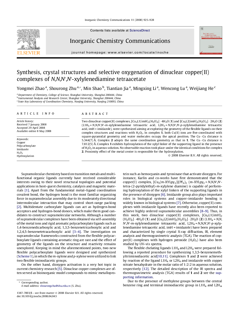 Synthesis, crystal structures and selective oxygenation of dinuclear copper(II) complexes of N,N,N′,N′-xylylenediamine tetraacetate