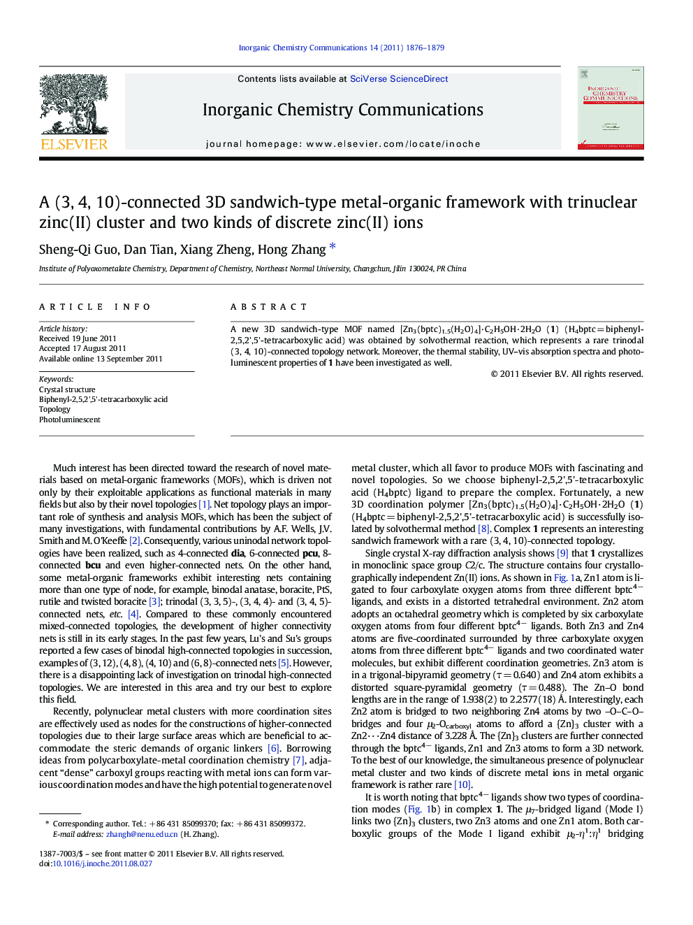 A (3, 4, 10)-connected 3D sandwich-type metal-organic framework with trinuclear zinc(II) cluster and two kinds of discrete zinc(II) ions