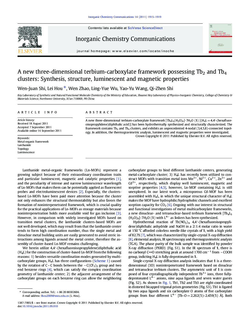 A new three-dimensional terbium-carboxylate framework possessing Tb2 and Tb4 clusters: Synthesis, structure, luminescent and magnetic properties