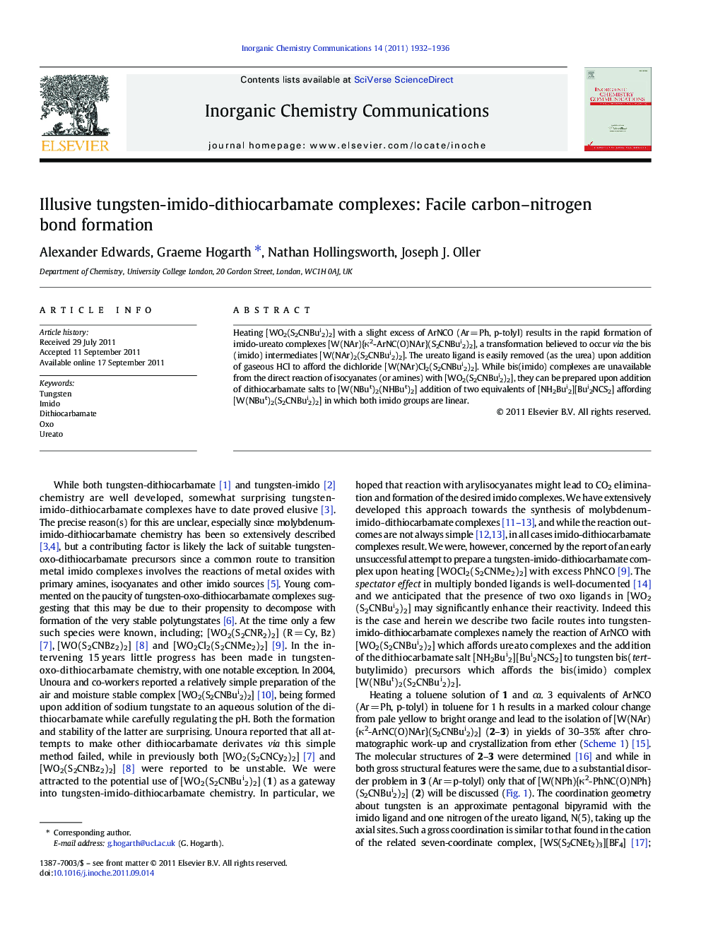 Illusive tungsten-imido-dithiocarbamate complexes: Facile carbon–nitrogen bond formation