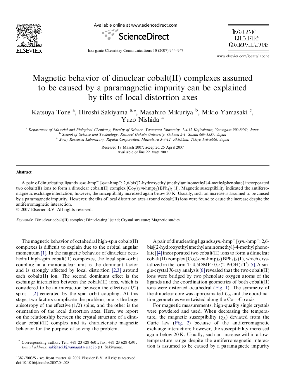 Magnetic behavior of dinuclear cobalt(II) complexes assumed to be caused by a paramagnetic impurity can be explained by tilts of local distortion axes