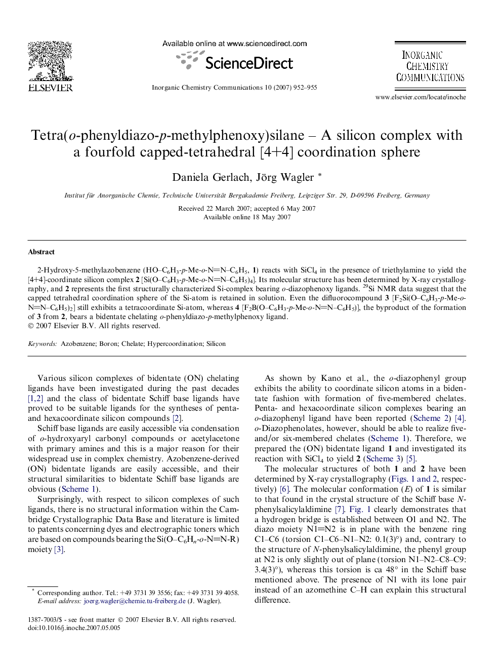 Tetra(o-phenyldiazo-p-methylphenoxy)silane – A silicon complex with a fourfold capped-tetrahedral [4+4] coordination sphere