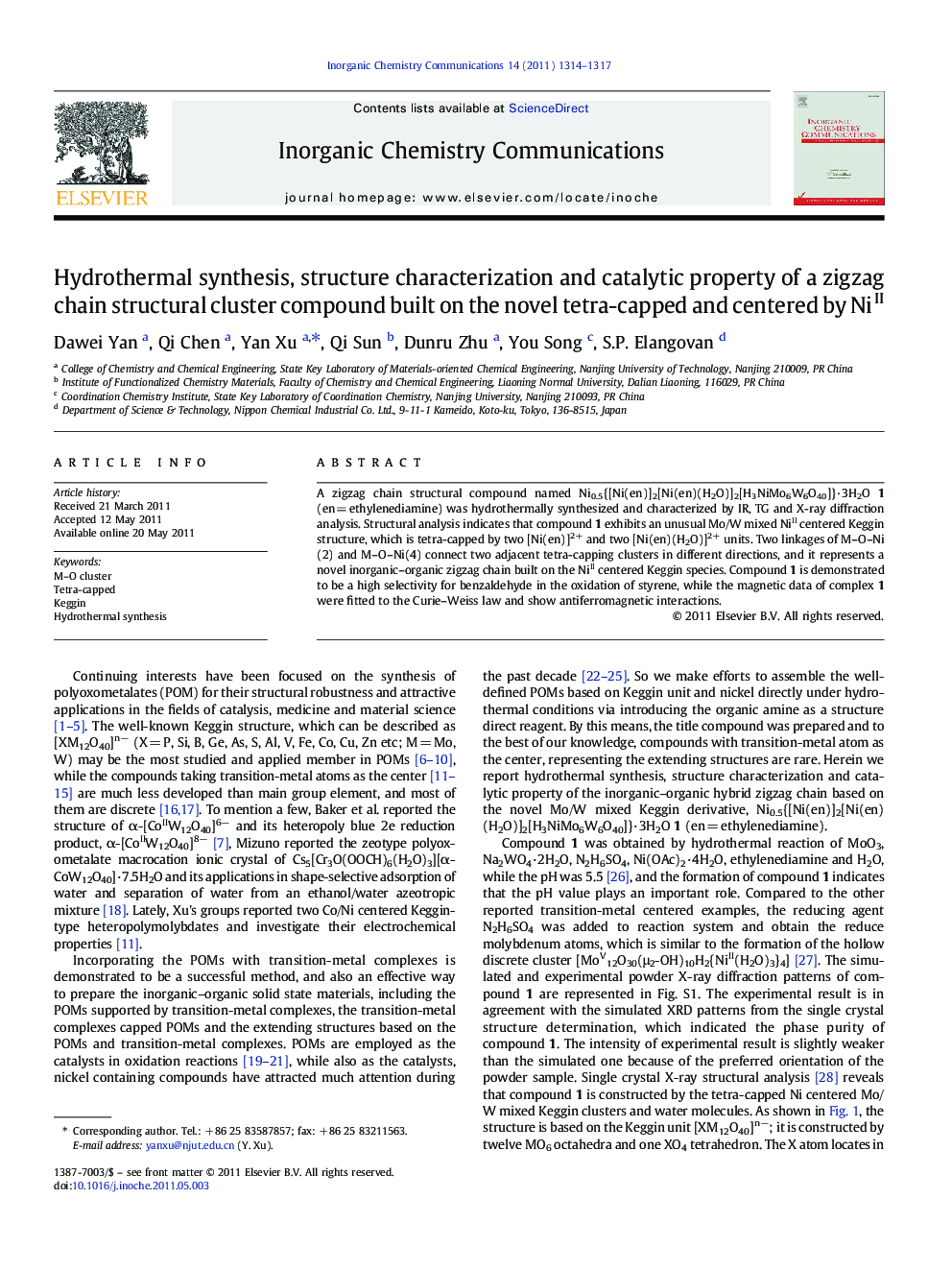 Hydrothermal synthesis, structure characterization and catalytic property of a zigzag chain structural cluster compound built on the novel tetra-capped and centered by NiII