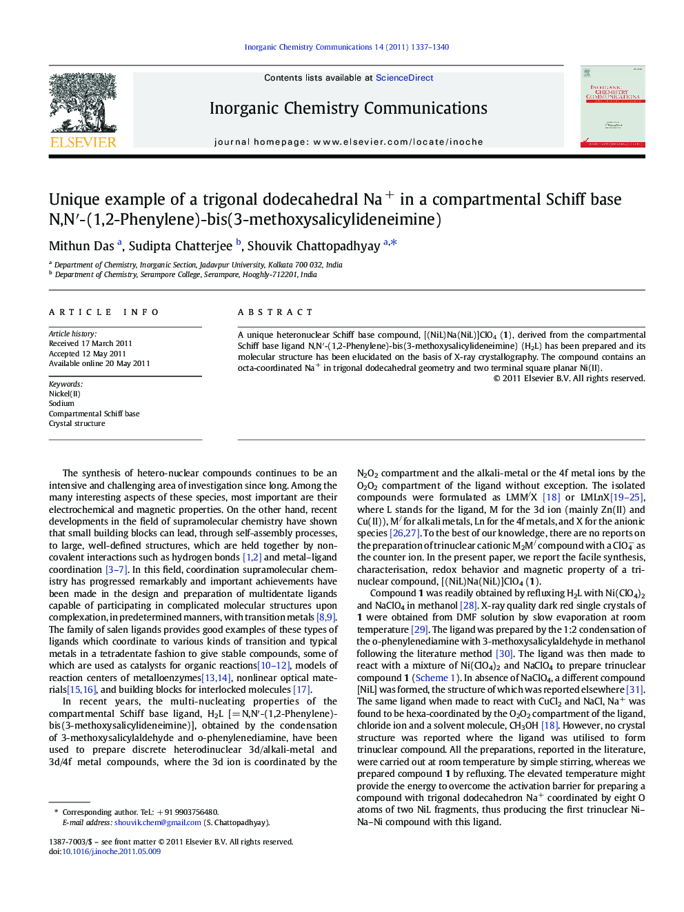 Unique example of a trigonal dodecahedral Na+ in a compartmental Schiff base N,N′-(1,2-Phenylene)-bis(3-methoxysalicylideneimine)