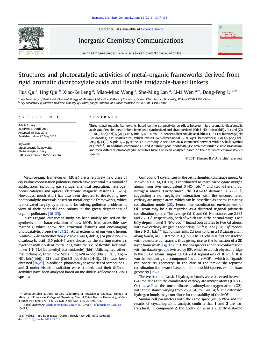 Structures and photocatalytic activities of metal-organic frameworks derived from rigid aromatic dicarboxylate acids and flexible imidazole-based linkers