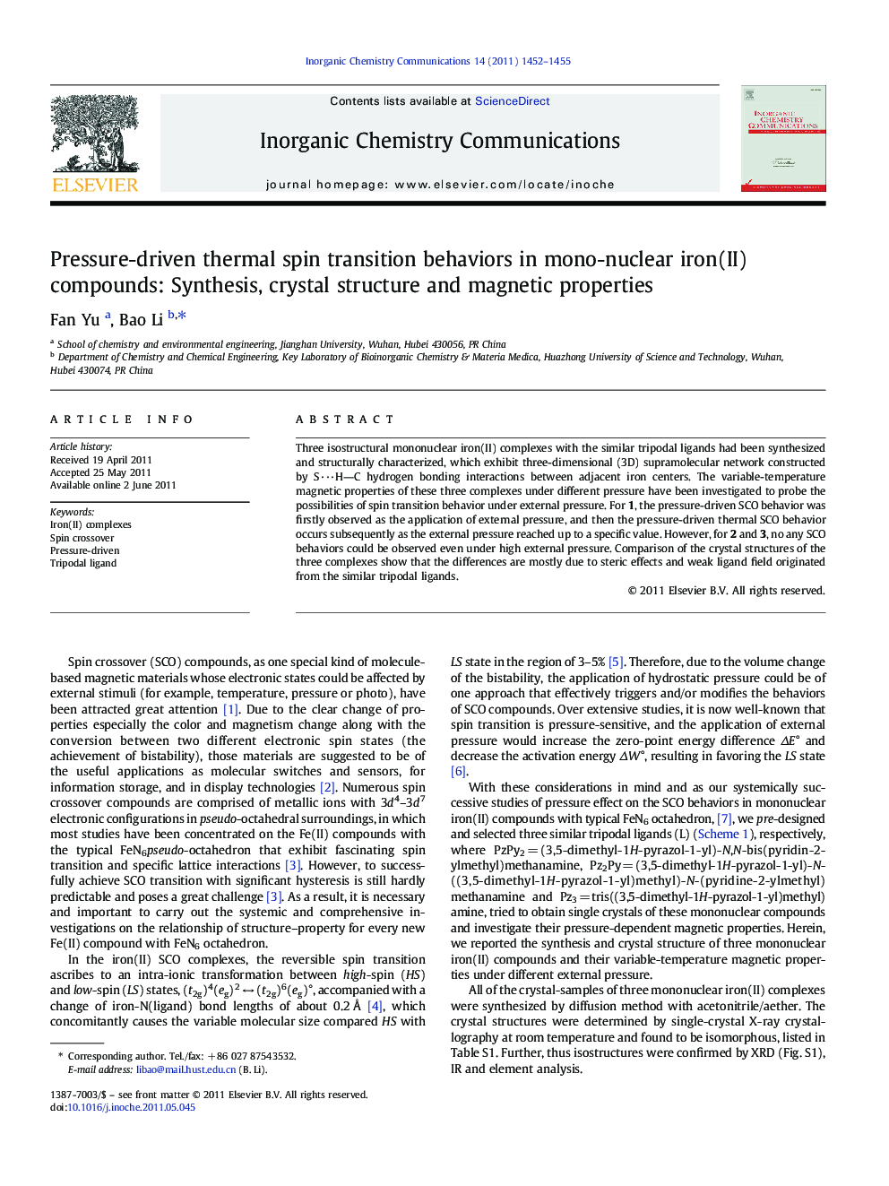 عکس صفحه اول مقاله: Pressure-driven thermal spin transition behaviors in mono-nuclear iron(II) compounds: Synthesis, crystal structure and magnetic properties Pressure-driven thermal spin transition behaviors in mono-nuclear iron(II) compounds: Synthesis, crystal structure and magnetic properties