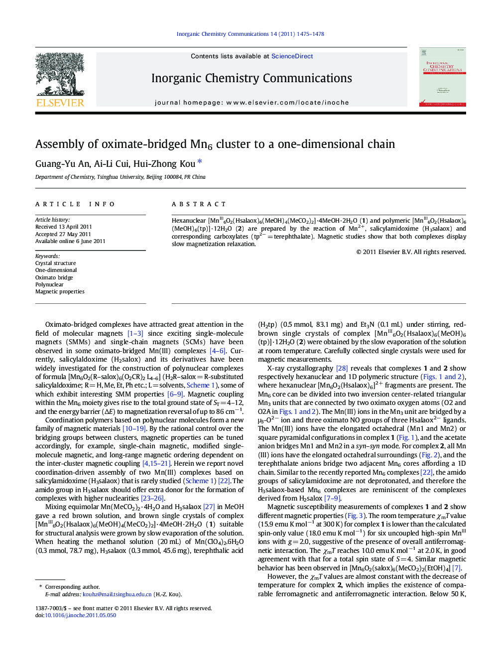 Assembly of oximate-bridged Mn6 cluster to a one-dimensional chain