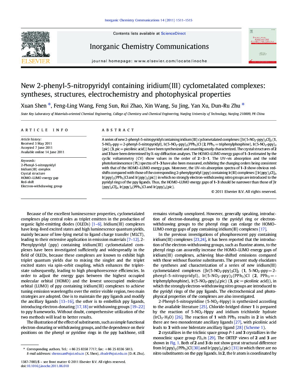 New 2-phenyl-5-nitropyridyl containing iridium(III) cyclometalated complexes: syntheses, structures, electrochemistry and photophysical properties