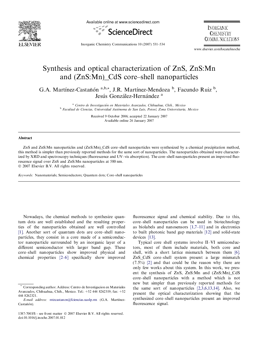 Synthesis and optical characterization of ZnS, ZnS:Mn and (ZnS:Mn)_CdS core–shell nanoparticles