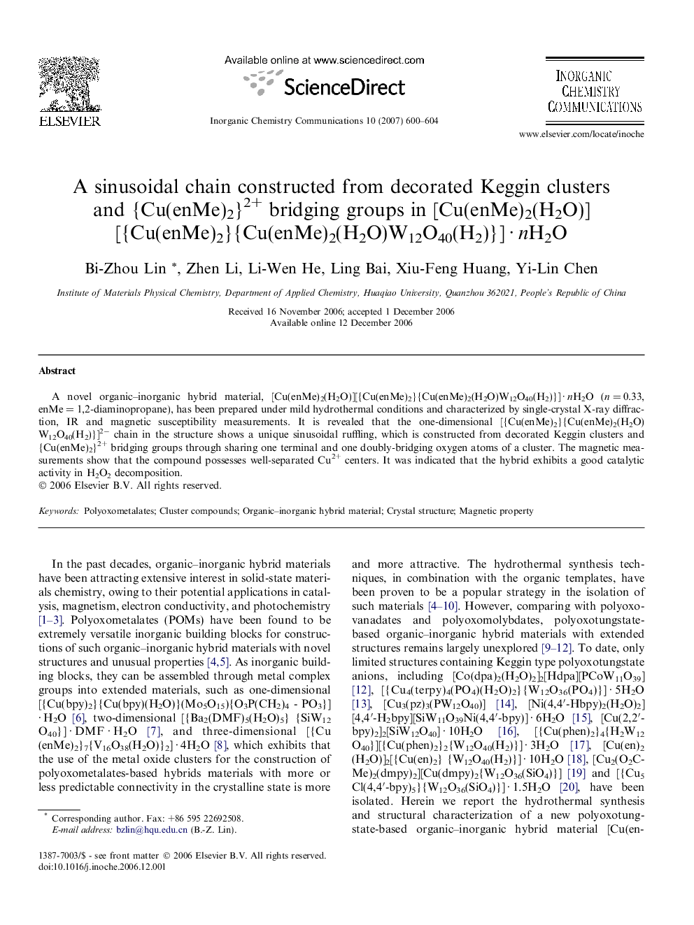 A sinusoidal chain constructed from decorated Keggin clusters and {Cu(enMe)2}2+ bridging groups in [Cu(enMe)2(H2O)] [{Cu(enMe)2}{Cu(enMe)2(H2O)W12O40(H2)}] · nH2O