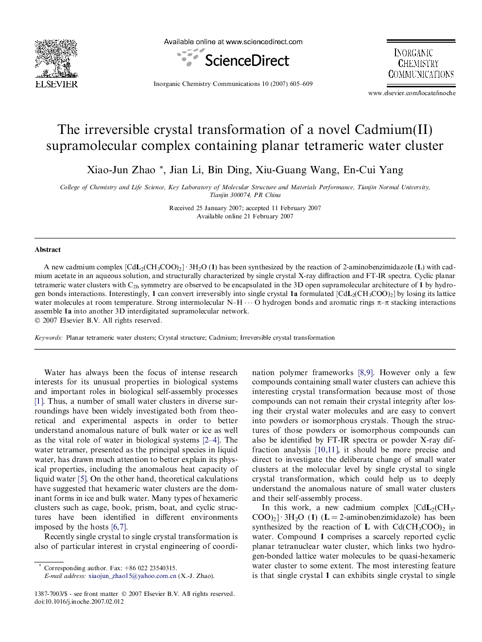 The irreversible crystal transformation of a novel Cadmium(II) supramolecular complex containing planar tetrameric water cluster