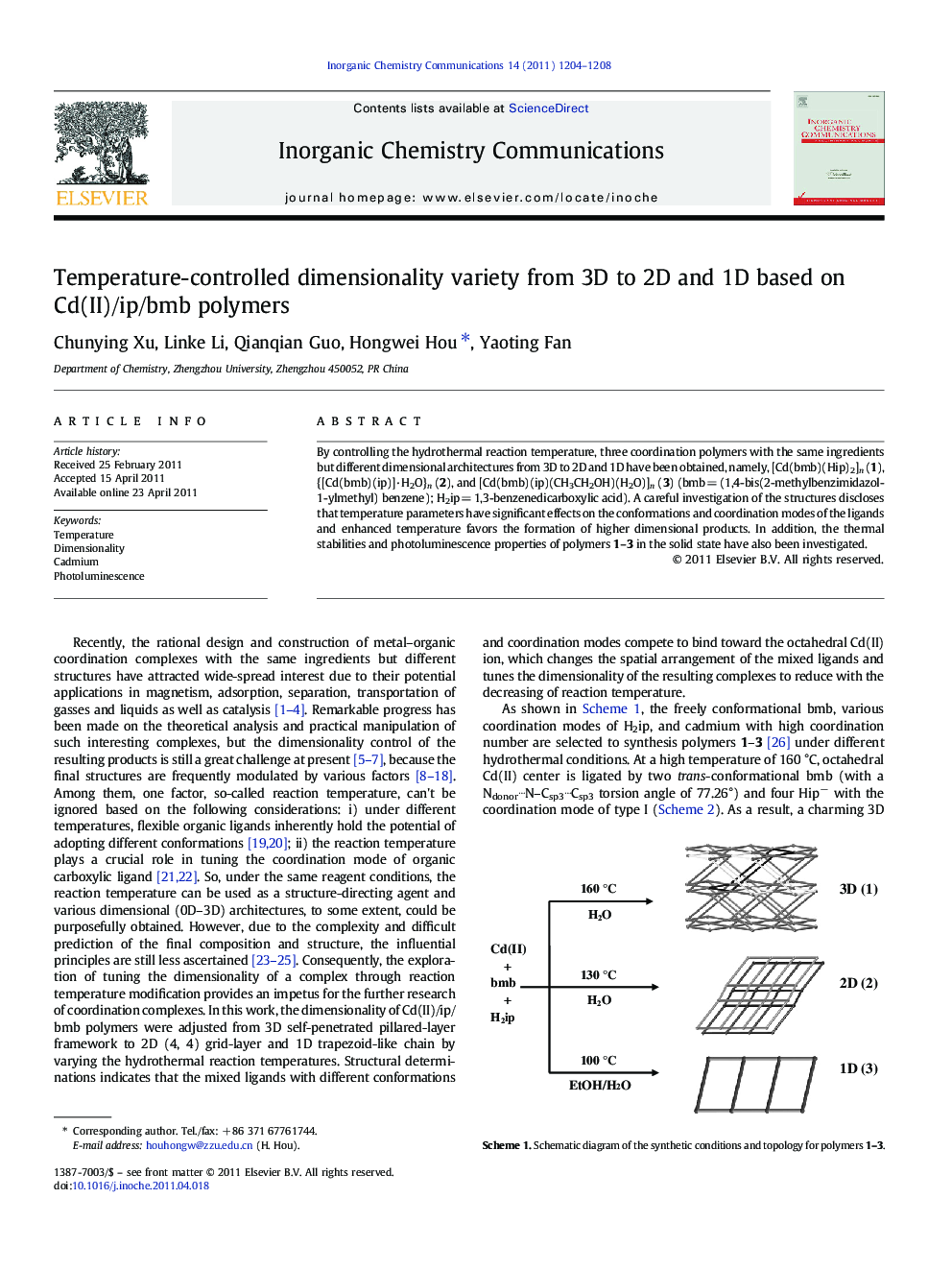 Temperature-controlled dimensionality variety from 3D to 2D and 1D based on Cd(II)/ip/bmb polymers