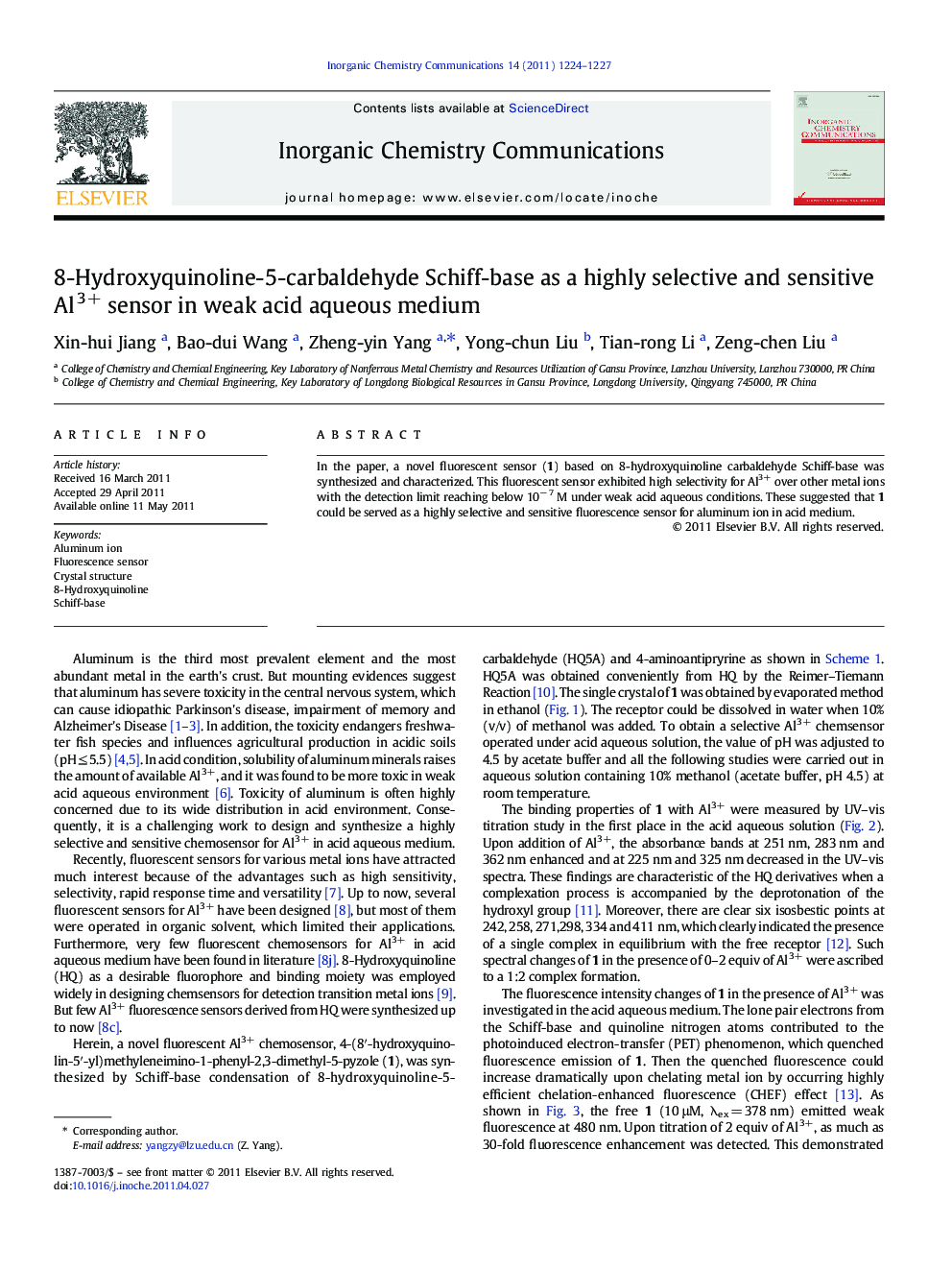 8-Hydroxyquinoline-5-carbaldehyde Schiff-base as a highly selective and sensitive Al3+ sensor in weak acid aqueous medium