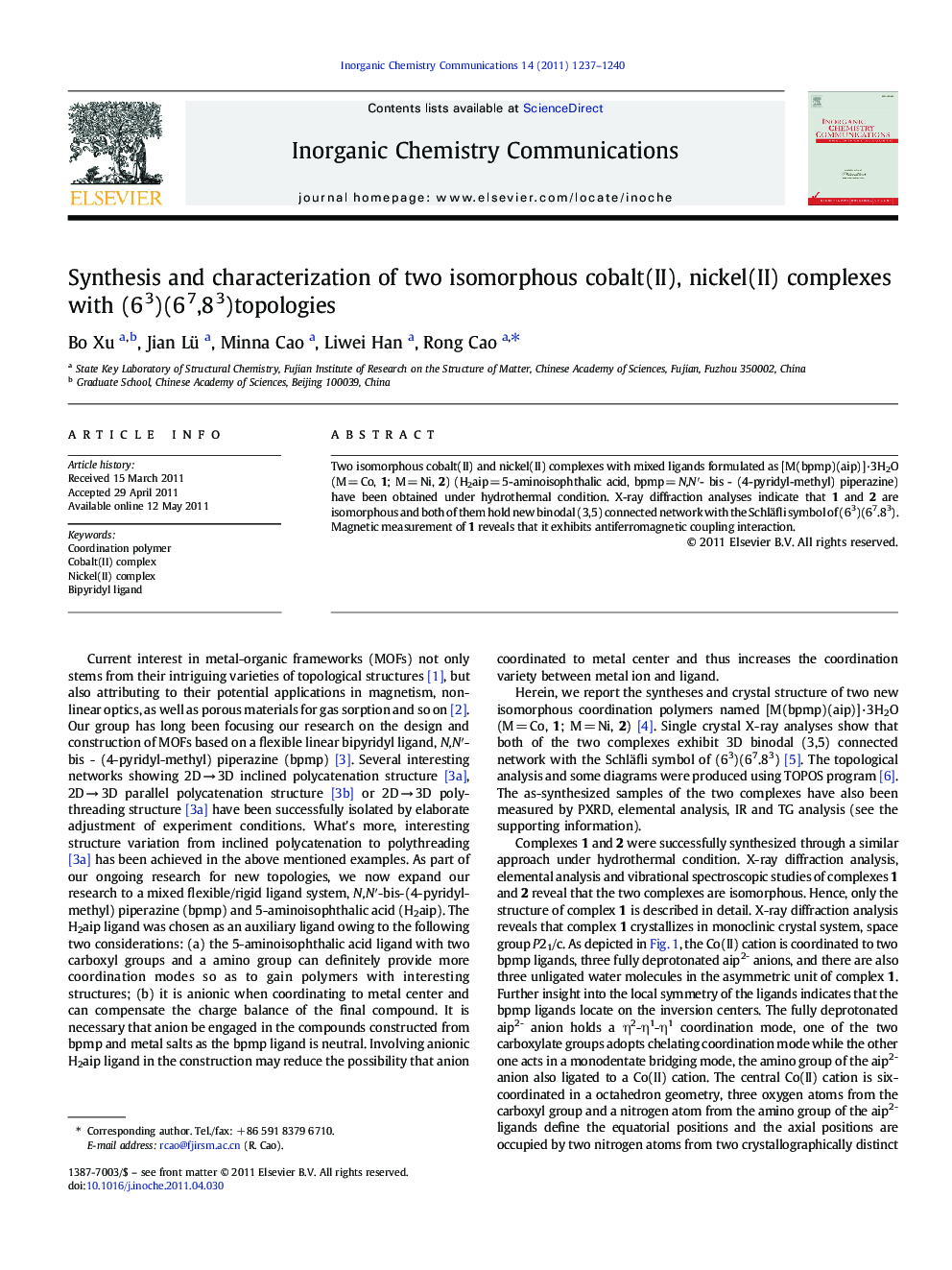 Synthesis and characterization of two isomorphous cobalt(II), nickel(II) complexes with (63)(67,83)topologies