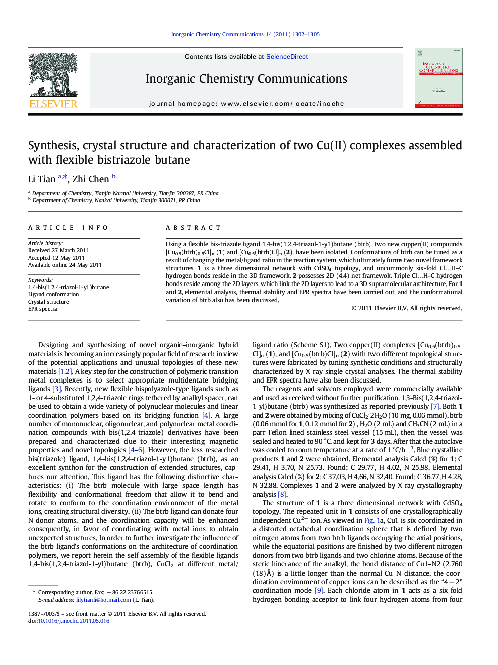 Synthesis, crystal structure and characterization of two Cu(II) complexes assembled with flexible bistriazole butane