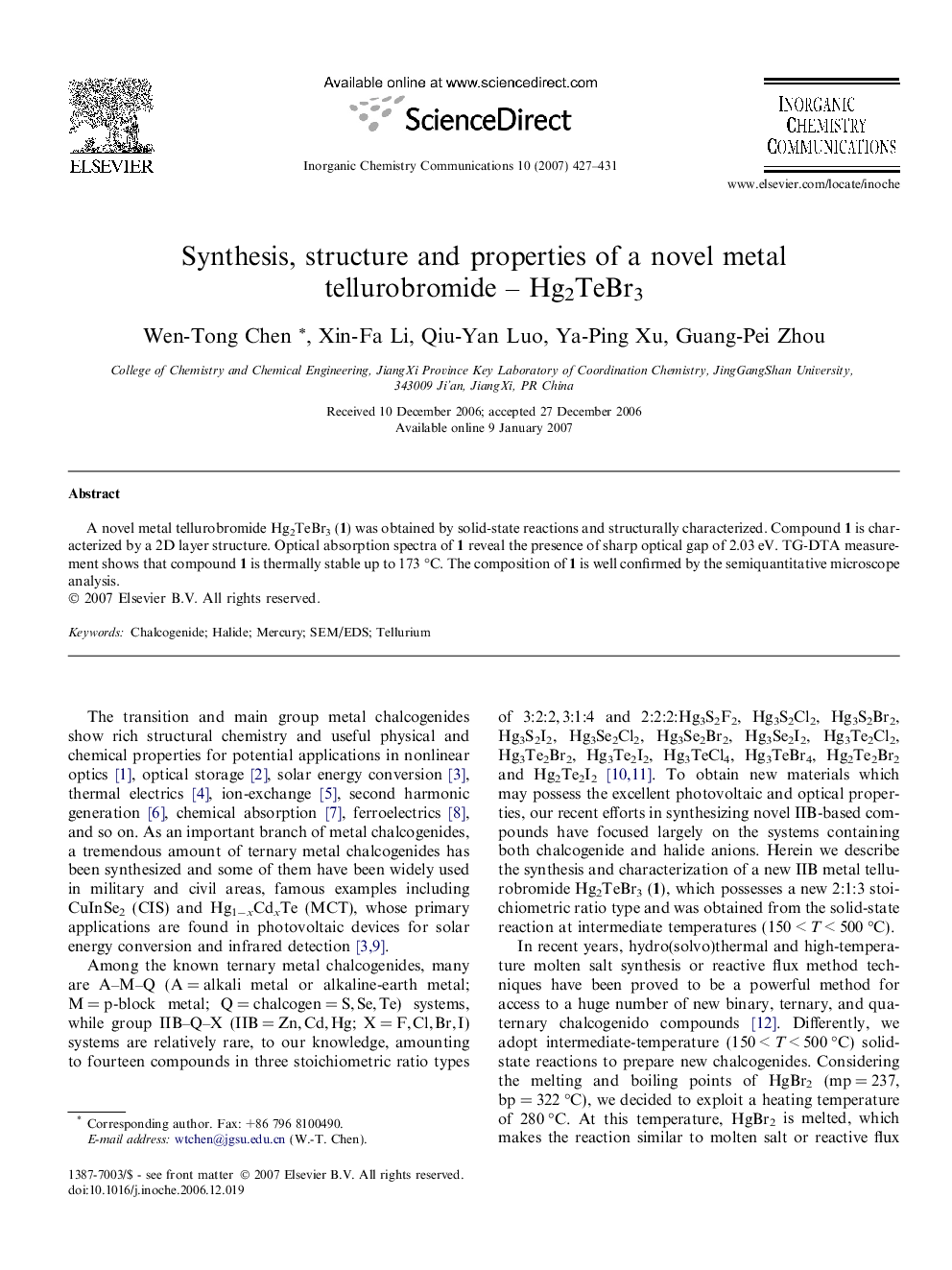 Synthesis, structure and properties of a novel metal tellurobromide – Hg2TeBr3