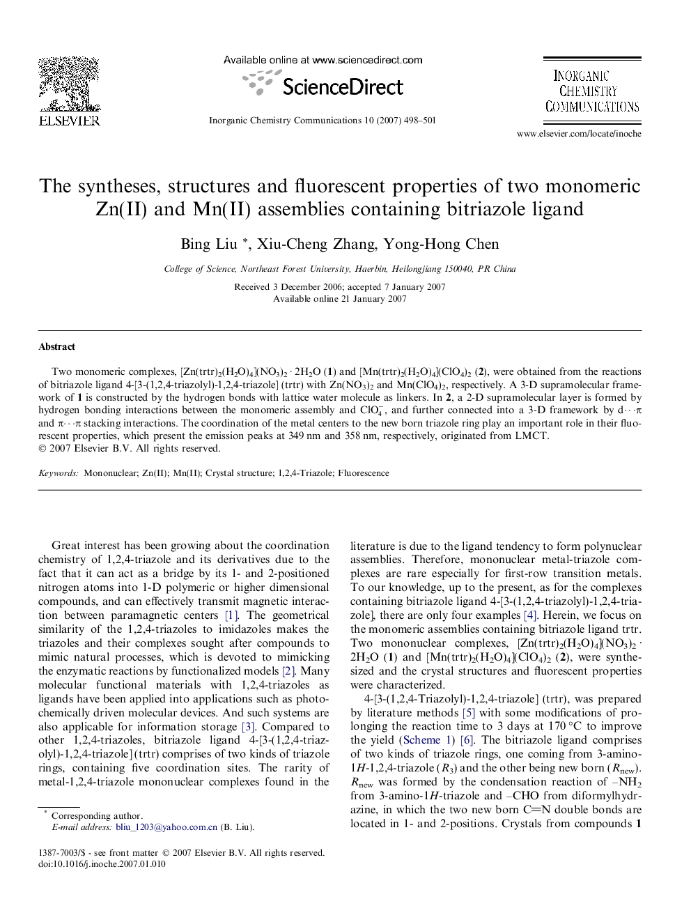 The syntheses, structures and fluorescent properties of two monomeric Zn(II) and Mn(II) assemblies containing bitriazole ligand