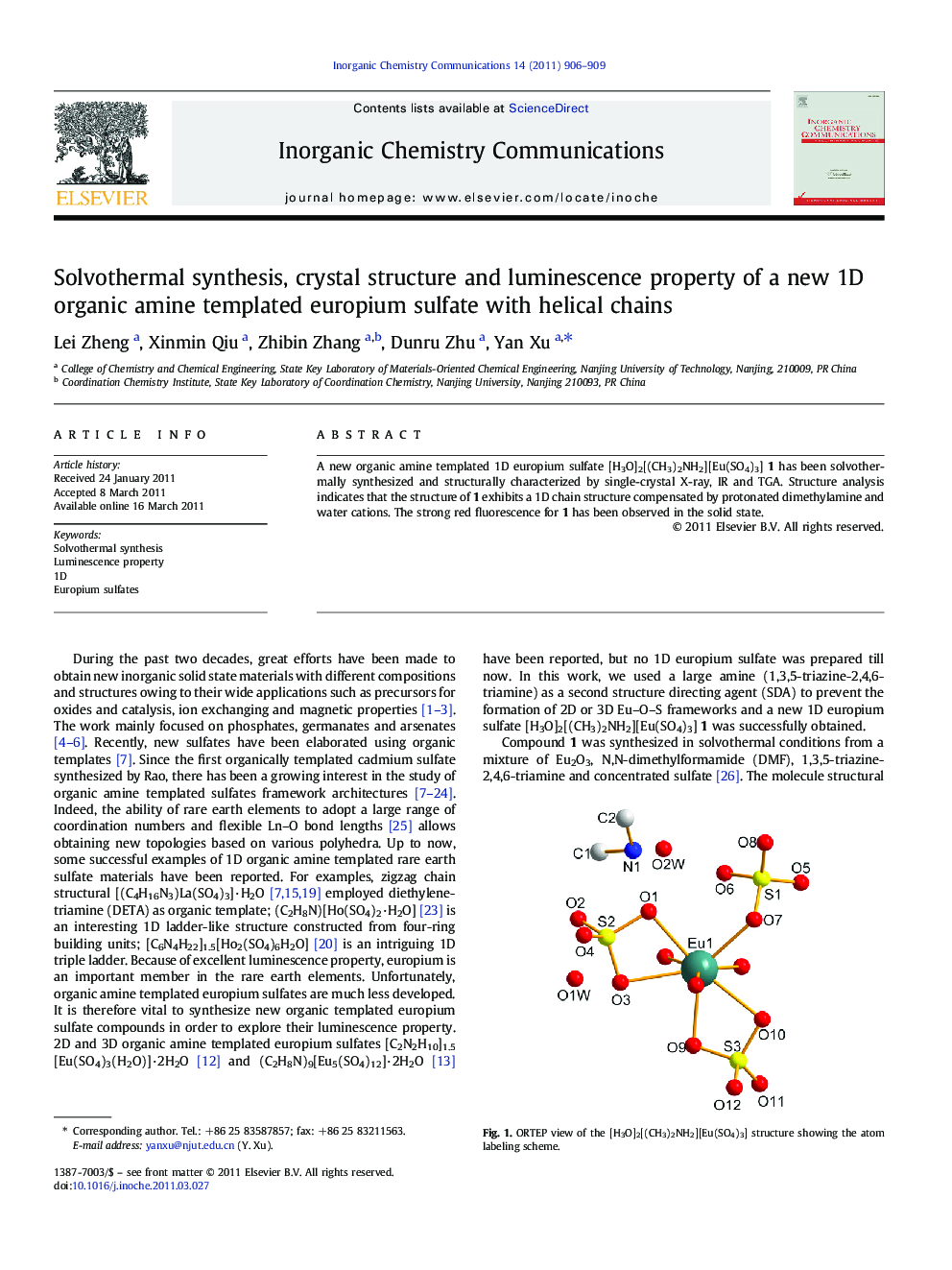 Solvothermal synthesis, crystal structure and luminescence property of a new 1D organic amine templated europium sulfate with helical chains