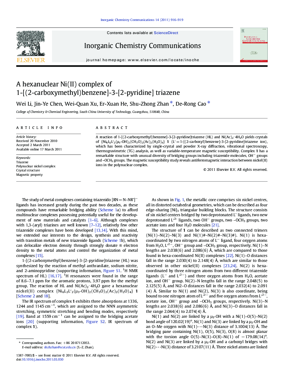 A hexanuclear Ni(II) complex of 1-[(2-carboxymethyl)benzene]-3-[2-pyridine] triazene