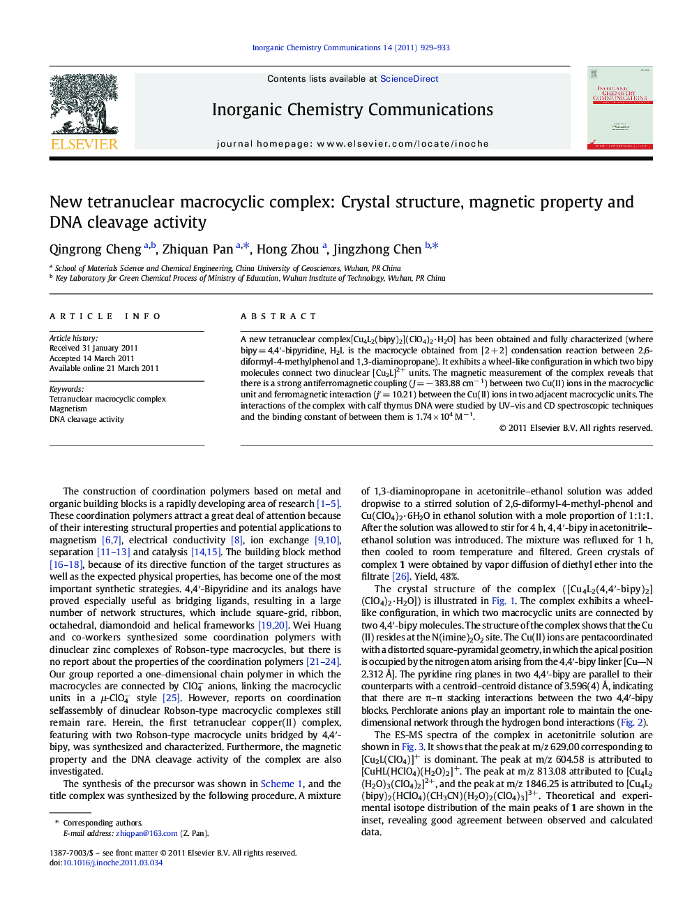 New tetranuclear macrocyclic complex: Crystal structure, magnetic property and DNA cleavage activity