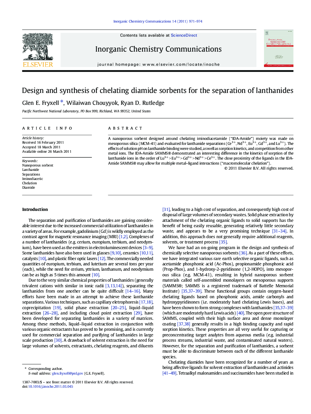 عکس صفحه اول مقاله: Design and synthesis of chelating diamide sorbents for the separation of lanthanides Design and synthesis of chelating diamide sorbents for the separation of lanthanides