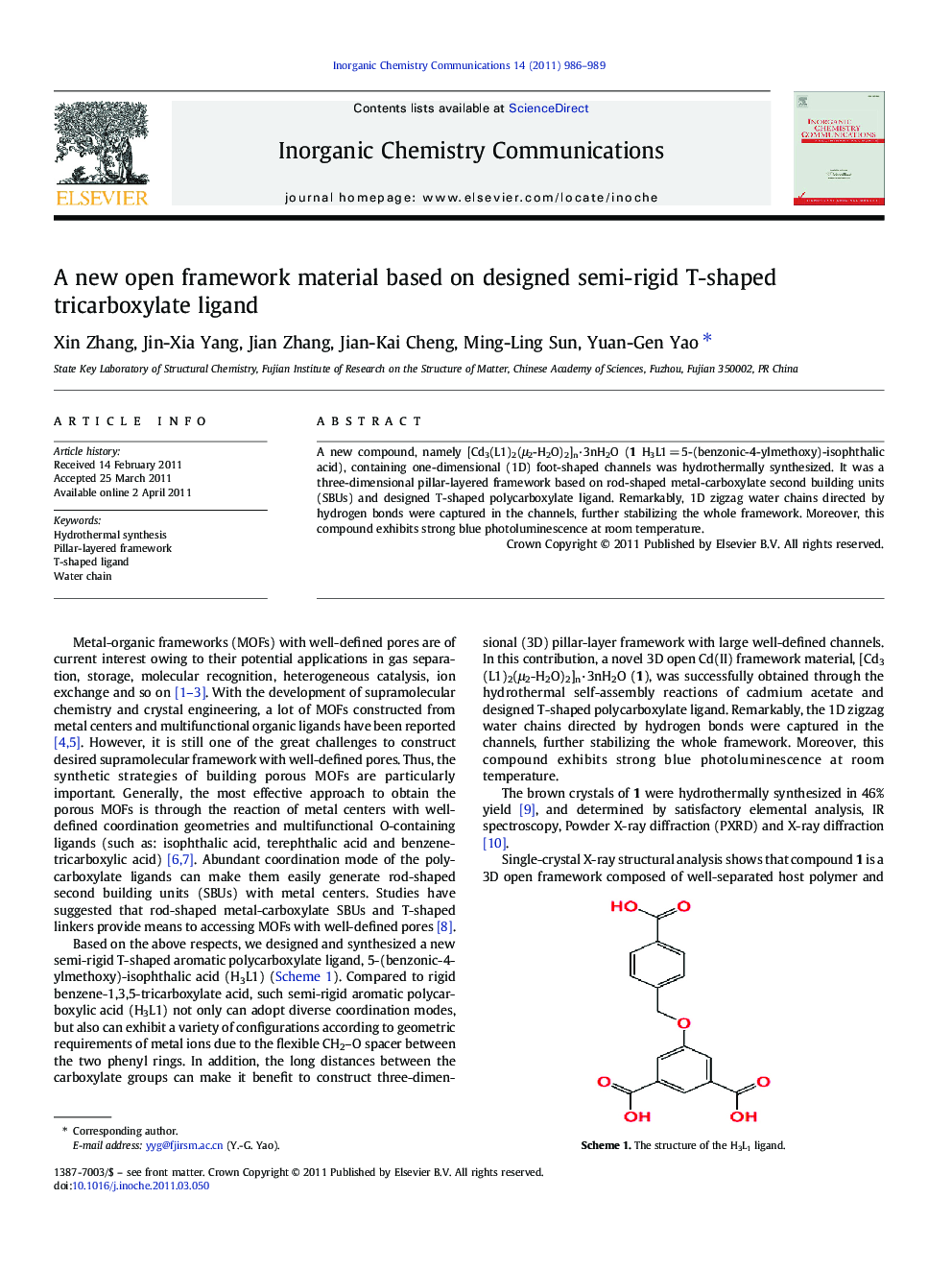 A new open framework material based on designed semi-rigid T-shaped tricarboxylate ligand