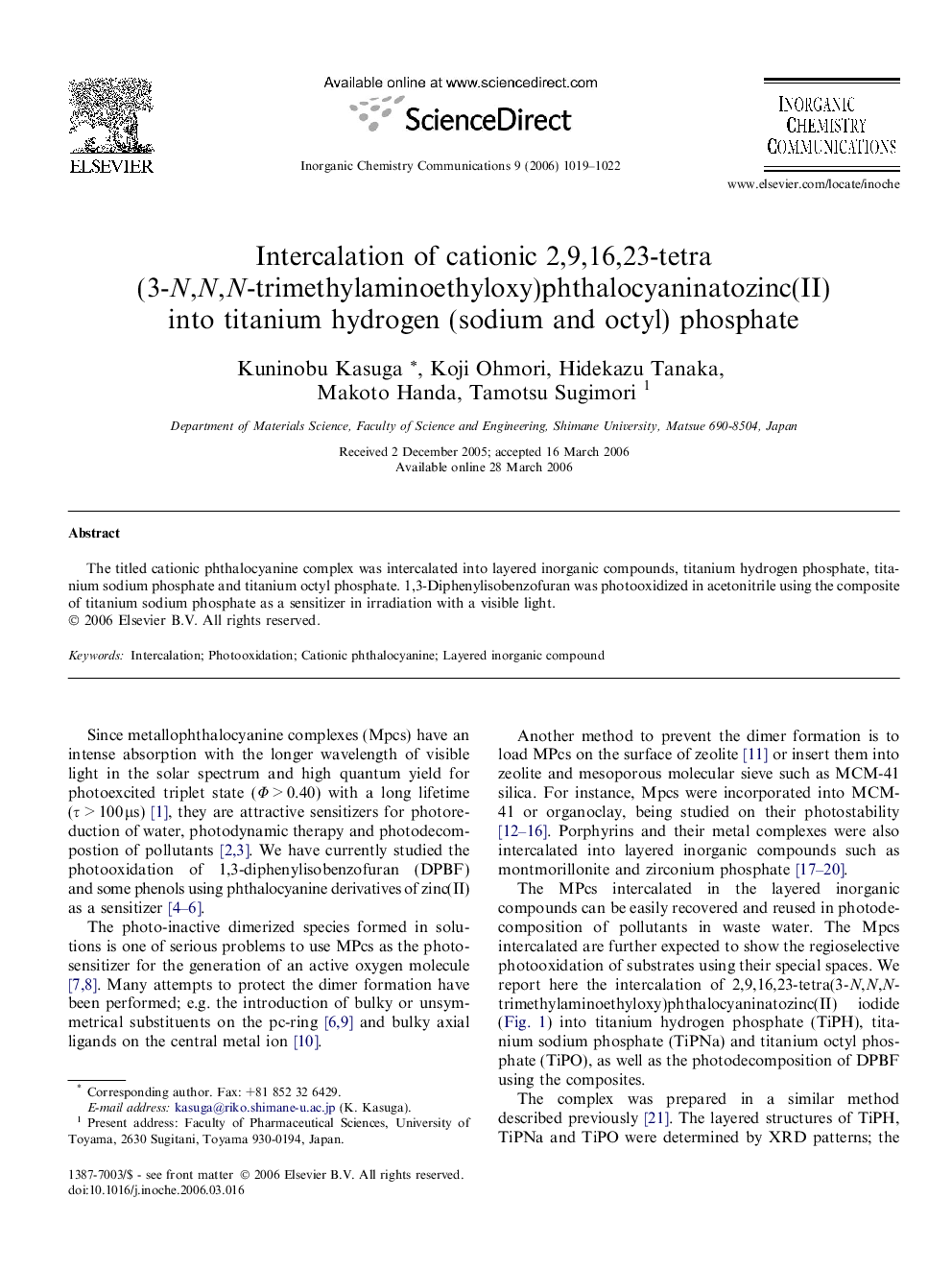 Intercalation of cationic 2,9,16,23-tetra(3-N,N,N-trimethylaminoethyloxy)phthalocyaninatozinc(II) into titanium hydrogen (sodium and octyl) phosphate