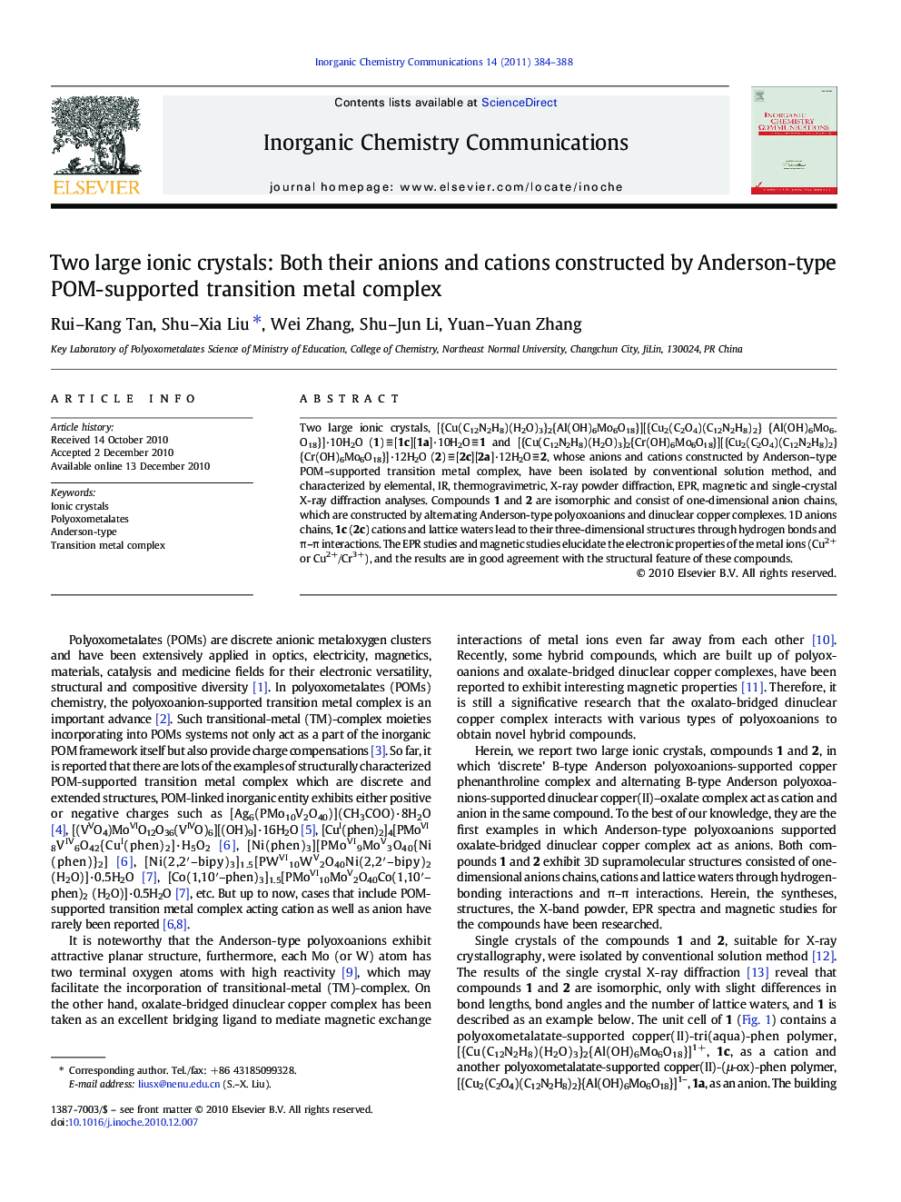 Two large ionic crystals: Both their anions and cations constructed by Anderson-type POM-supported transition metal complex