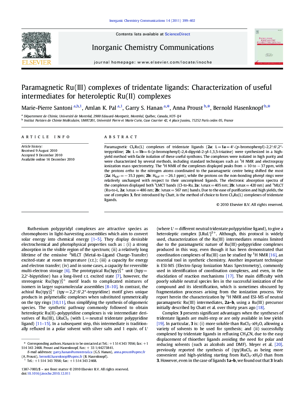 Paramagnetic Ru(III) complexes of tridentate ligands: Characterization of useful intermediates for heteroleptic Ru(II) complexes