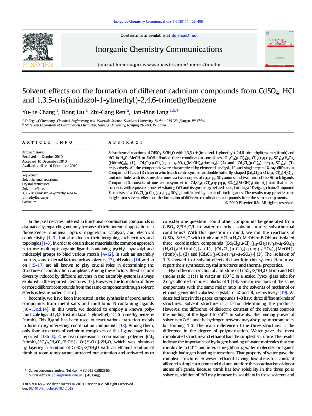 Solvent effects on the formation of different cadmium compounds from CdSO4, HCl and 1,3,5-tris(imidazol-1-ylmethyl)-2,4,6-trimethylbenzene