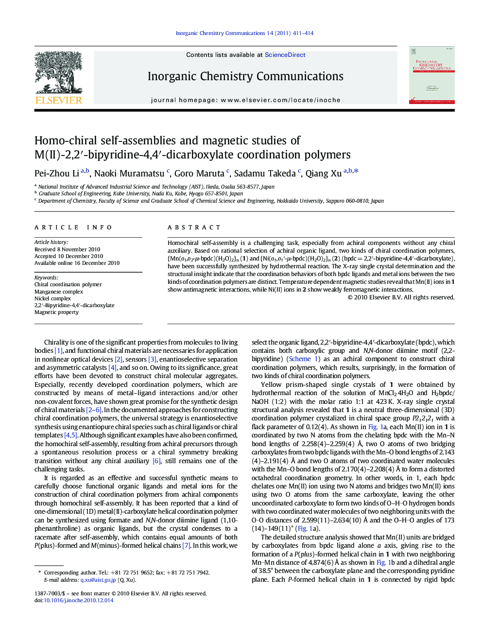 Homo-chiral self-assemblies and magnetic studies of M(II)-2,2â²-bipyridine-4,4â²-dicarboxylate coordination polymers