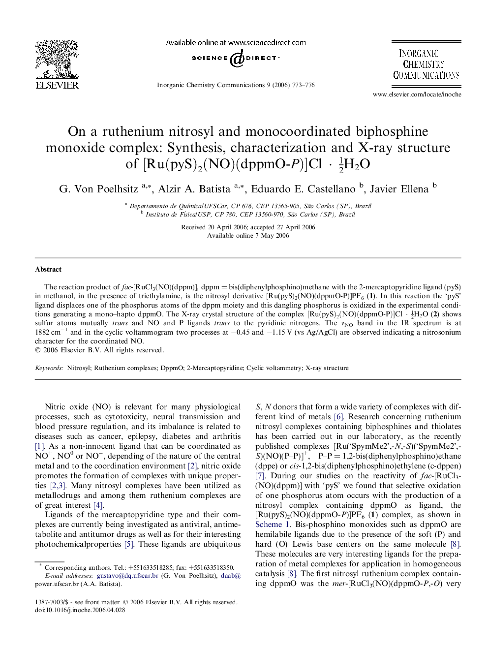 On a ruthenium nitrosyl and monocoordinated biphosphine monoxide complex: Synthesis, characterization and X-ray structure of [Ru(pyS)2(NO)(dppmO-P)]Cl·12H2O