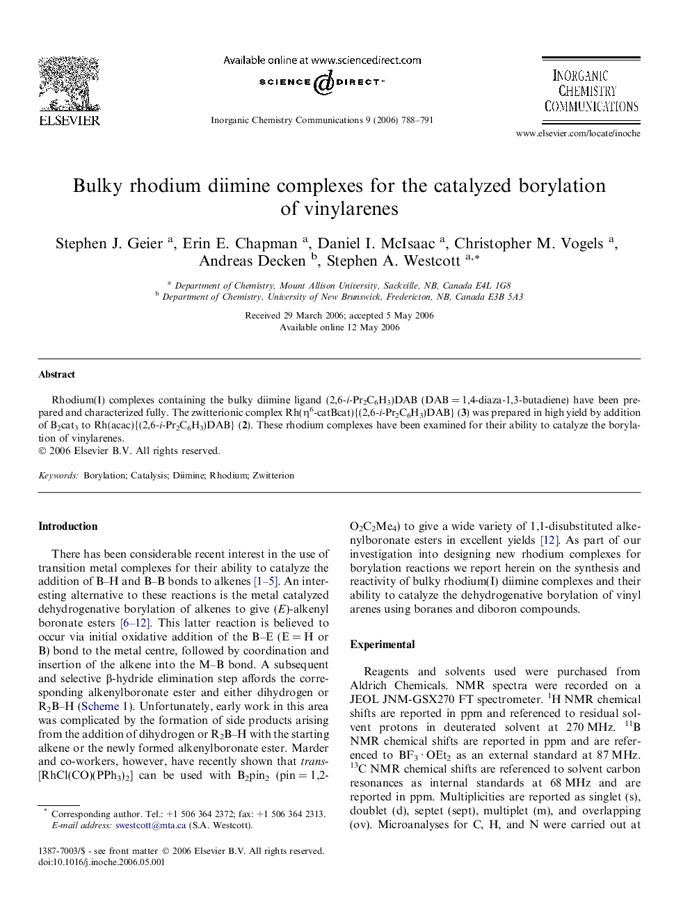 Bulky rhodium diimine complexes for the catalyzed borylation of vinylarenes