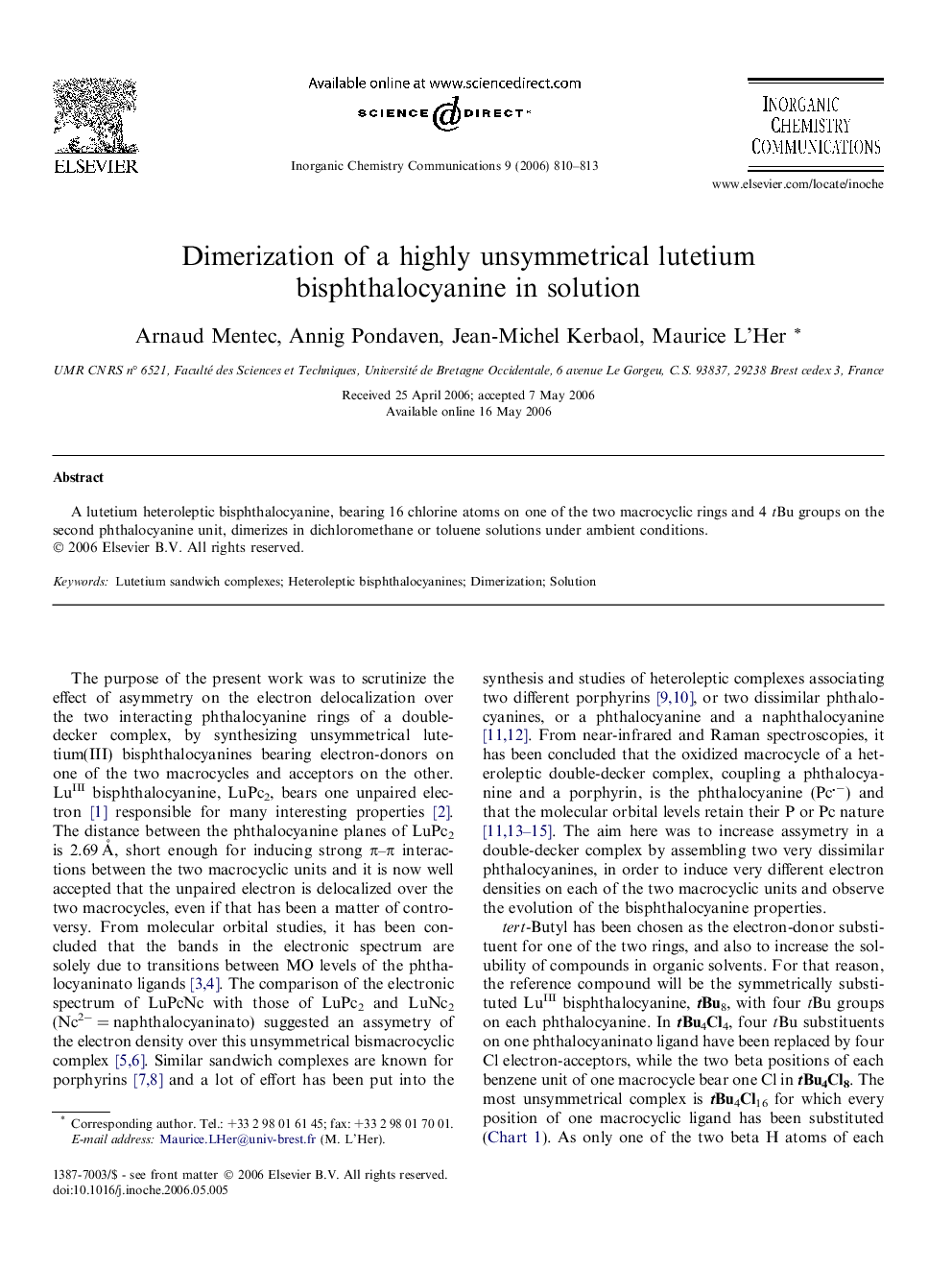 Dimerization of a highly unsymmetrical lutetium bisphthalocyanine in solution