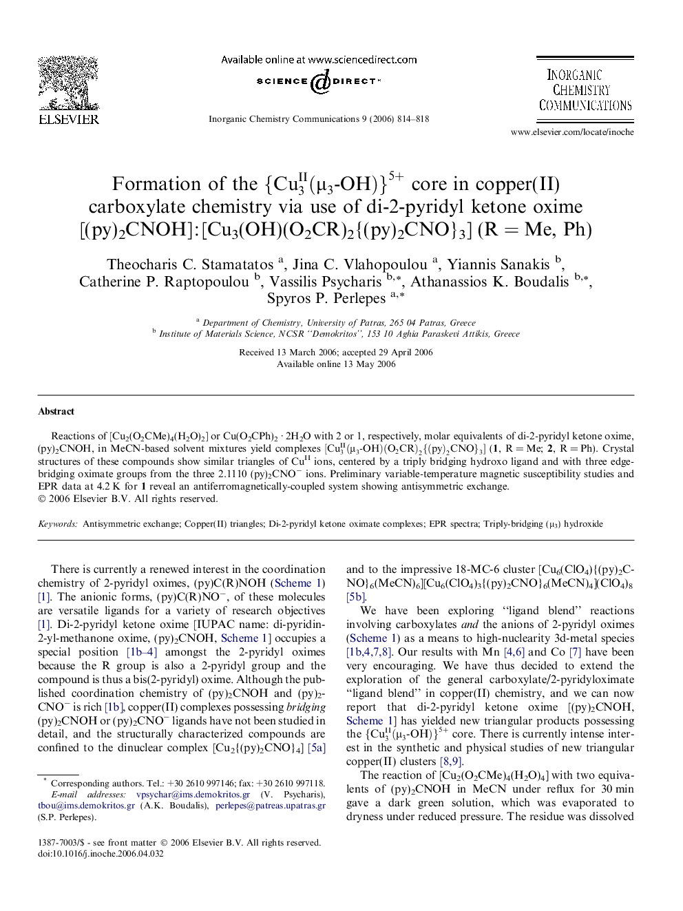 Formation of the {Cu3II(μ3-OH)}5+ core in copper(II) carboxylate chemistry via use of di-2-pyridyl ketone oxime [(py)2CNOH] : [Cu3(OH)(O2CR)2{(py)2CNO}3] (R = Me, Ph)