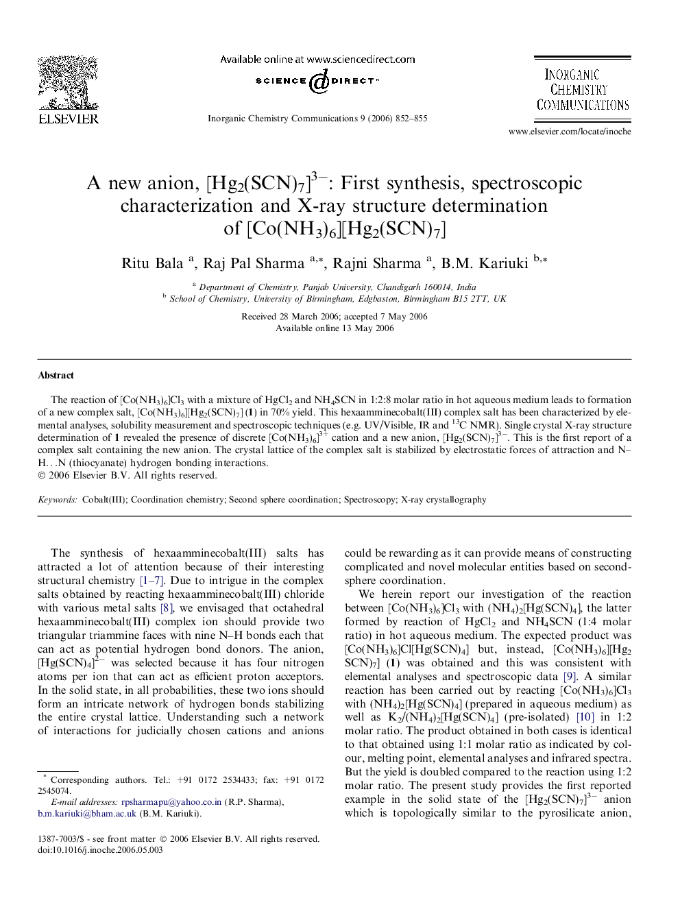 A new anion, [Hg2(SCN)7]3â: First synthesis, spectroscopic characterization and X-ray structure determination of [Co(NH3)6][Hg2(SCN)7]