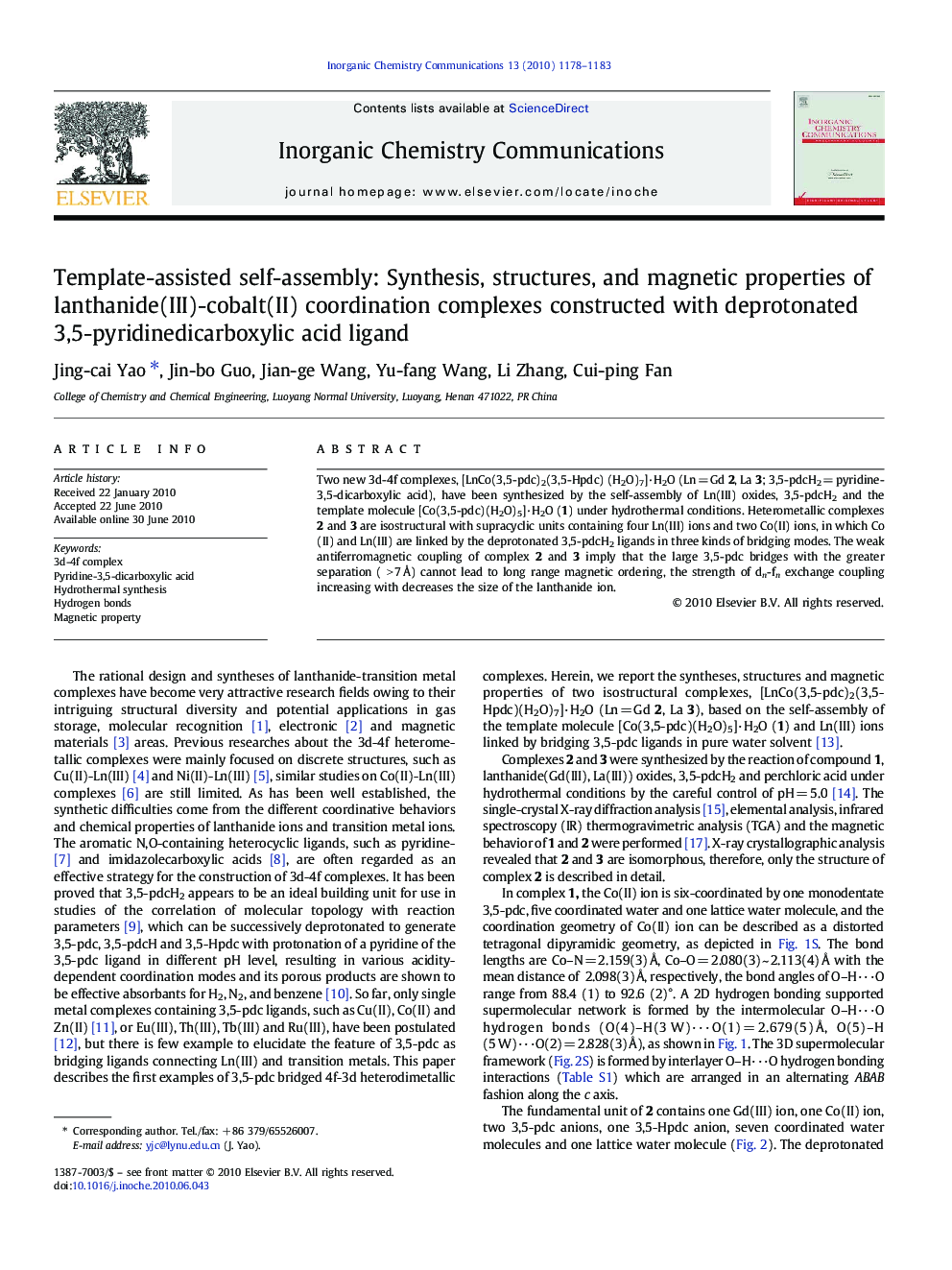 Template-assisted self-assembly: Synthesis, structures, and magnetic properties of lanthanide(III)-cobalt(II) coordination complexes constructed with deprotonated 3,5-pyridinedicarboxylic acid ligand