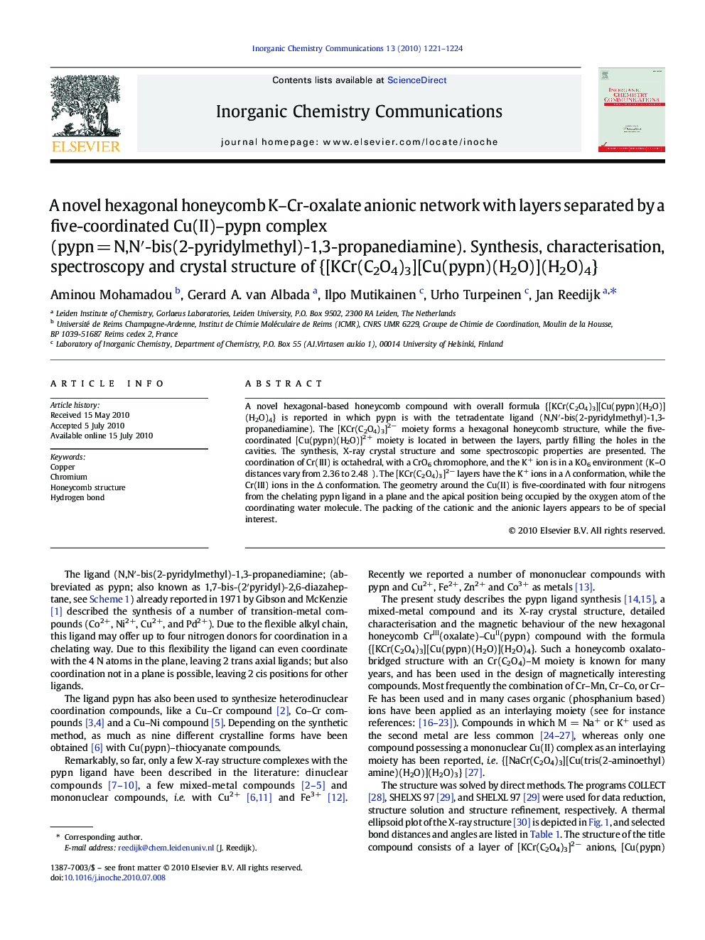 A novel hexagonal honeycomb K–Cr-oxalate anionic network with layers separated by a five-coordinated Cu(II)–pypn complex (pypn = N,N′-bis(2-pyridylmethyl)-1,3-propanediamine). Synthesis, characterisation, spectroscopy and crystal structure of {[KCr(C2O4)3