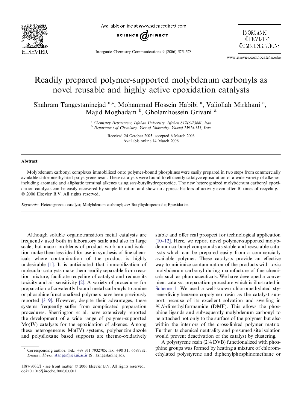 Readily prepared polymer-supported molybdenum carbonyls as novel reusable and highly active epoxidation catalysts