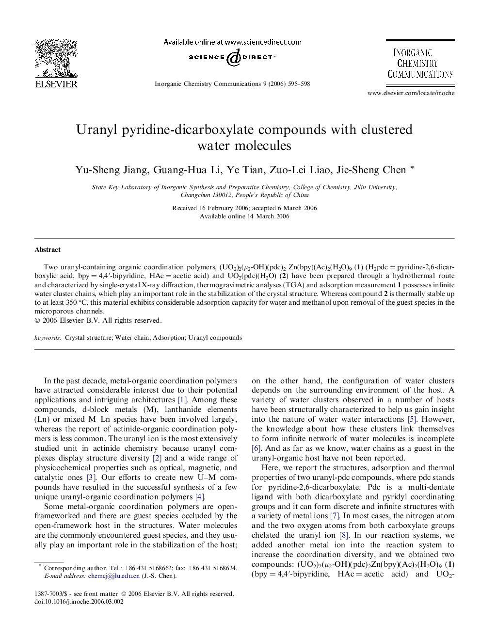 Uranyl pyridine-dicarboxylate compounds with clustered water molecules
