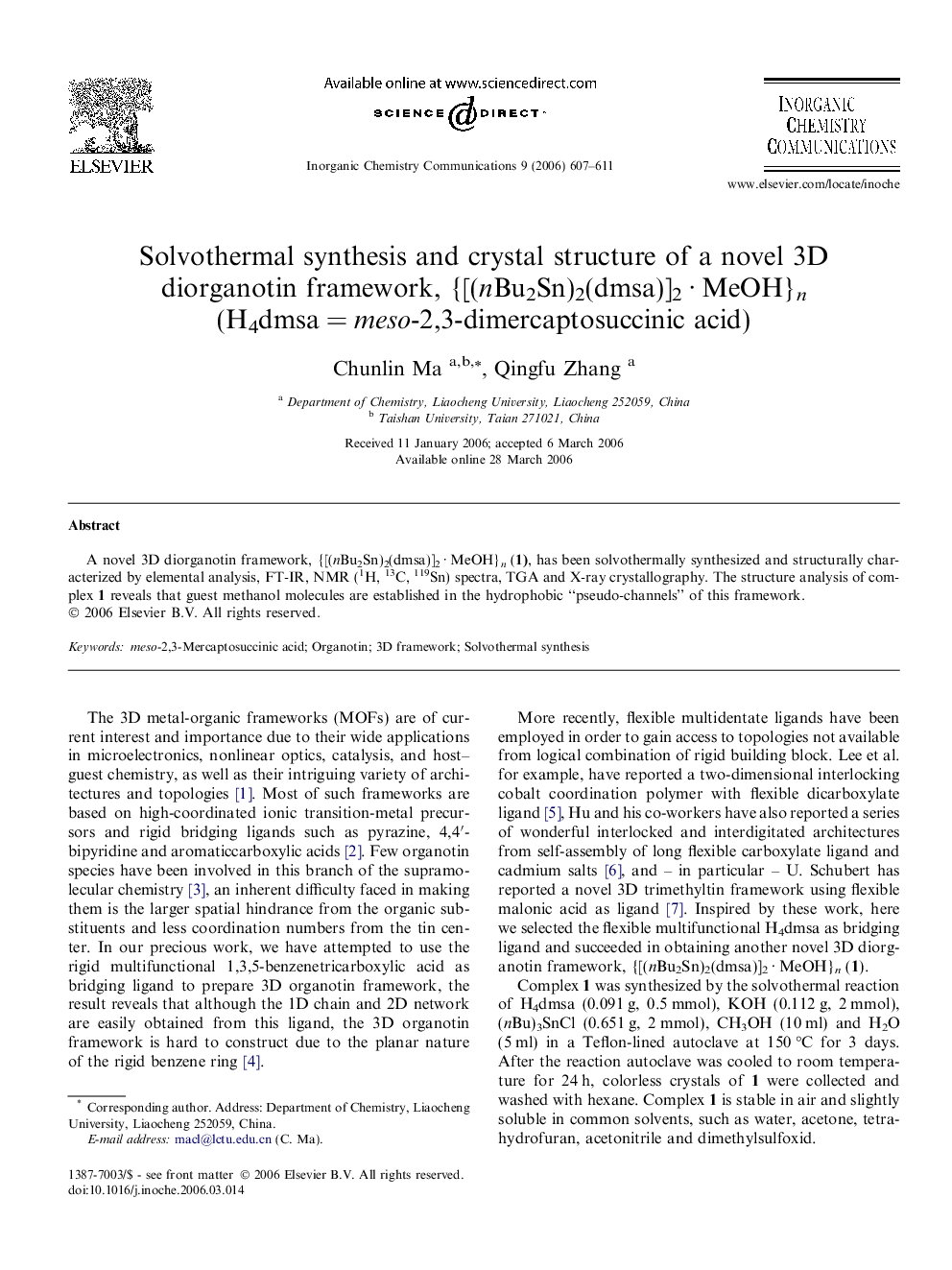 Solvothermal synthesis and crystal structure of a novel 3D diorganotin framework, {[(nBu2Sn)2(dmsa)]2 · MeOH}n (H4dmsa = meso-2,3-dimercaptosuccinic acid)