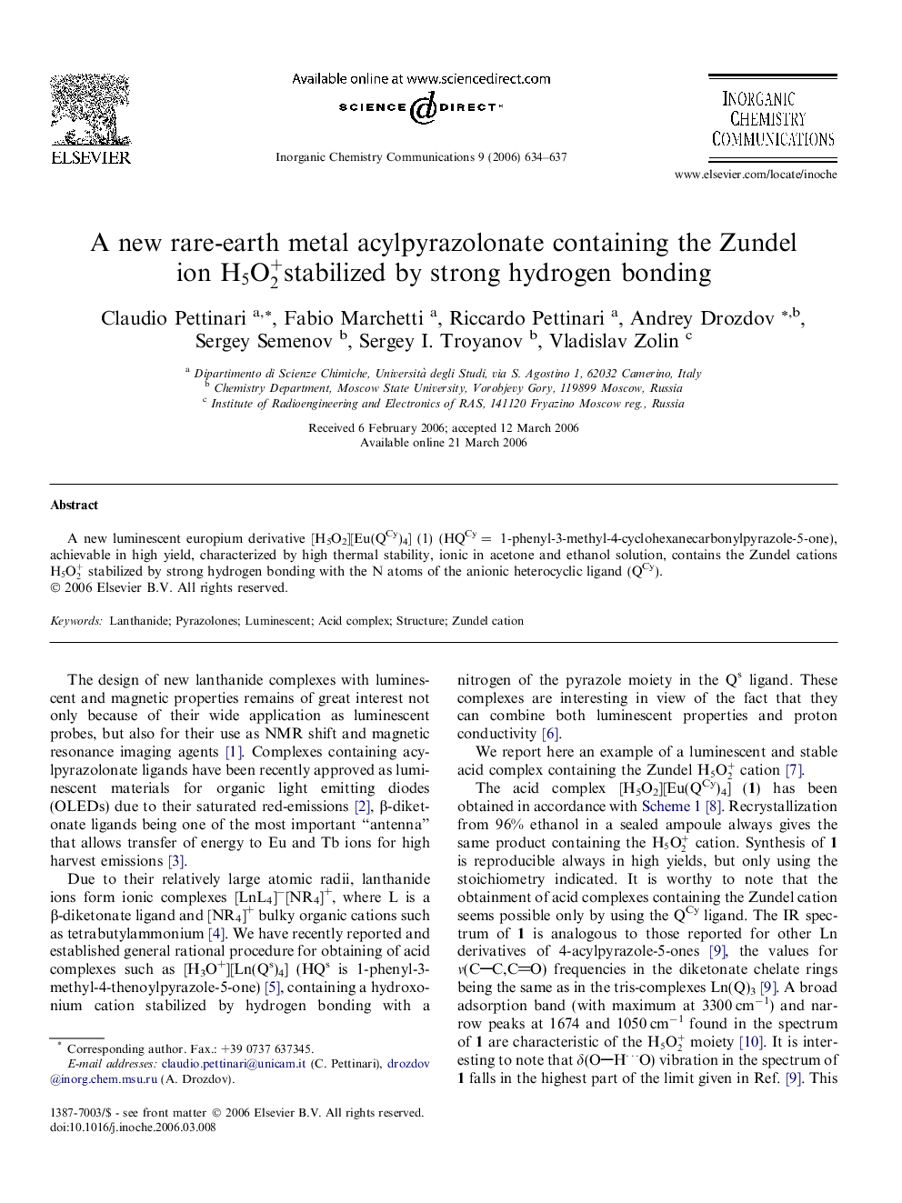 A new rare-earth metal acylpyrazolonate containing the Zundel ion H5O2+stabilized by strong hydrogen bonding