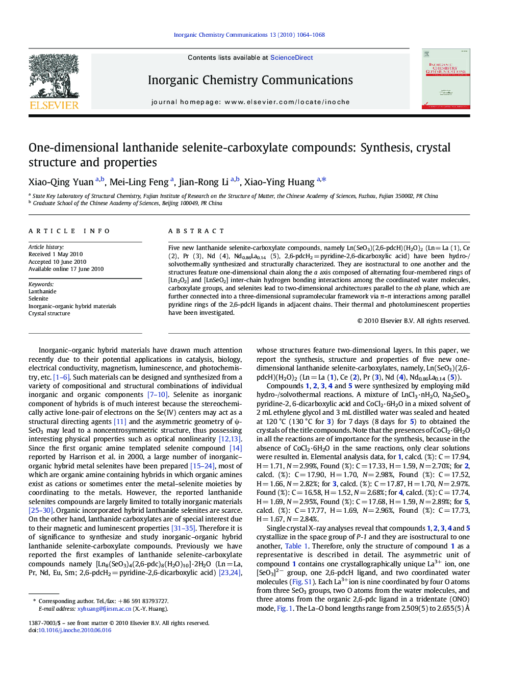 One-dimensional lanthanide selenite-carboxylate compounds: Synthesis, crystal structure and properties