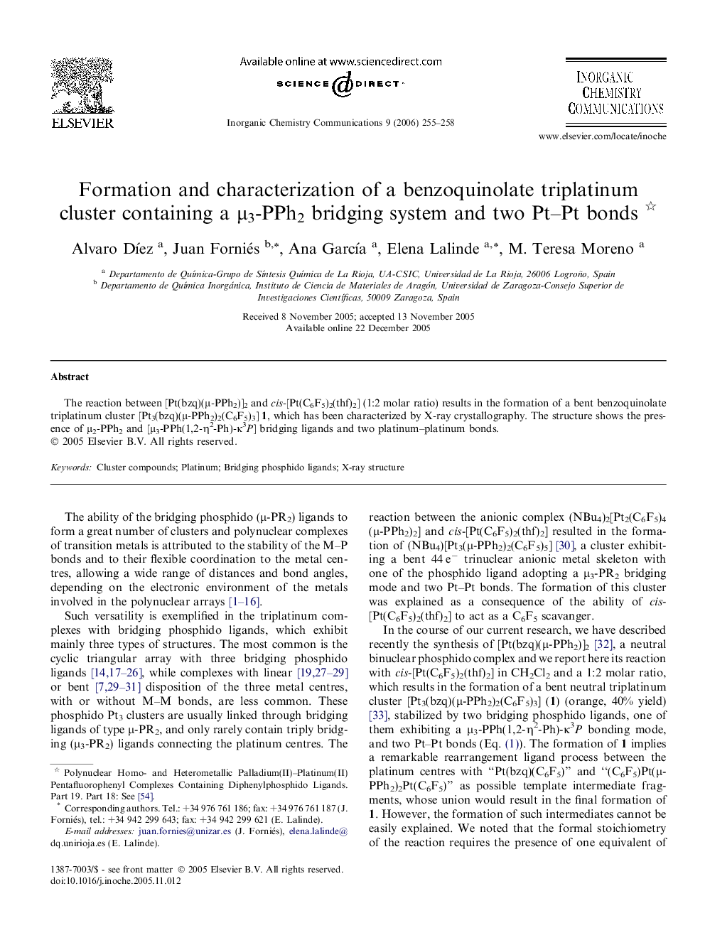 Formation and characterization of a benzoquinolate triplatinum cluster containing a Î¼3-PPh2 bridging system and two Pt-Pt bonds